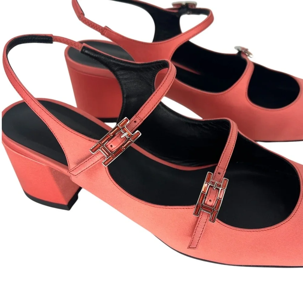 Hermes Jackie 50 Satin Crepe Slingback Pumps Rose Peche Size 41